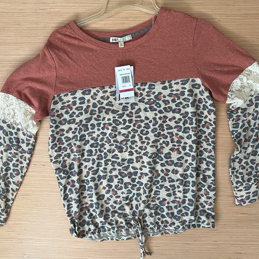 Jolt Women's Rust and Leopard & lace Print Long Sleeve Top large new